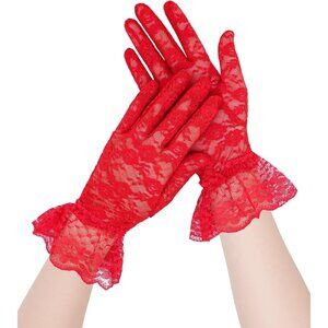 Women's Red Short Nylon Mesh Imported Nylon Sheer Lace Ruffles Gloves